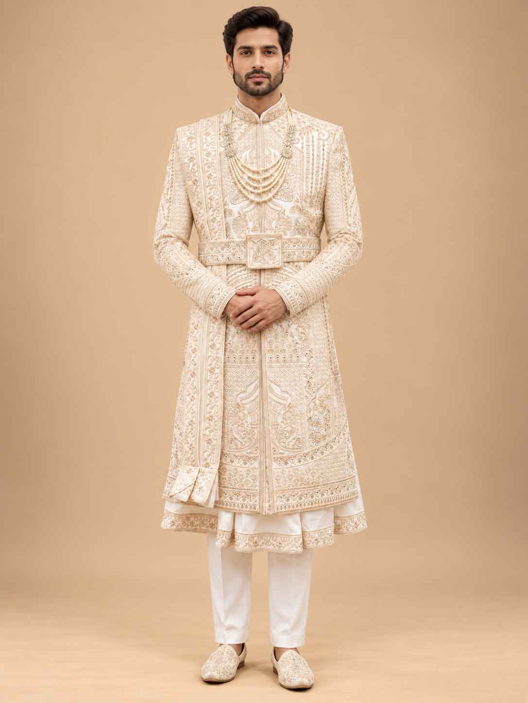 Ivory Embroidered Sherwani for Men | Designer Wedding & Groom Wear