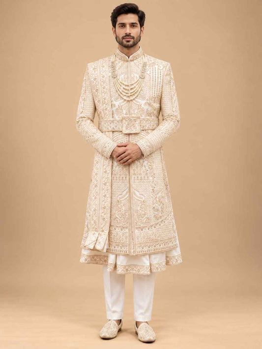 Front view of Ivory Embroidered Sherwani for Men | Designer Wedding & Groom Wear