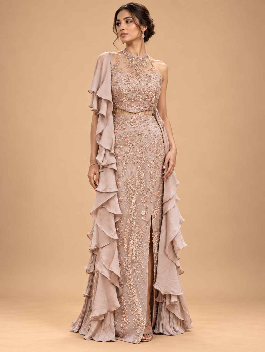 Blush Beige Embellished Gown for Women | Designer Evening & Party Wear