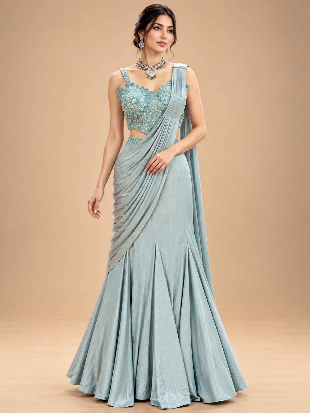 Powder Blue Pre-Draped Saree for Women | Designer Party & Wedding Wear