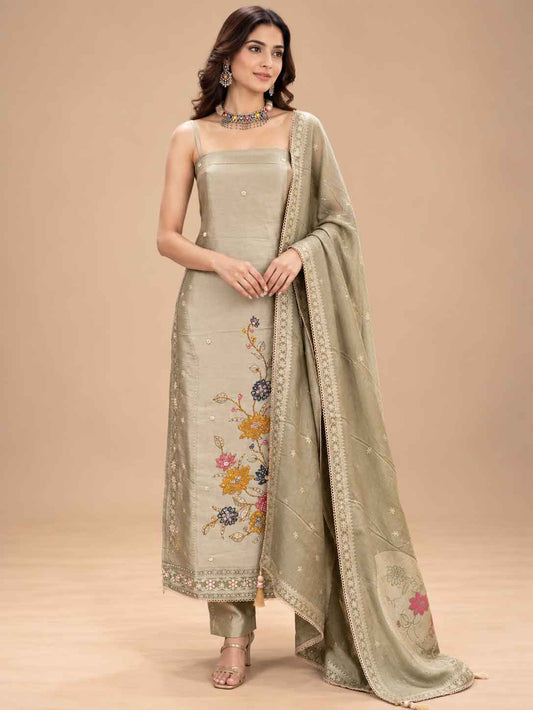 Sage Beige Embroidered Dress Material Set | Floral Ethnic Suit Fabric