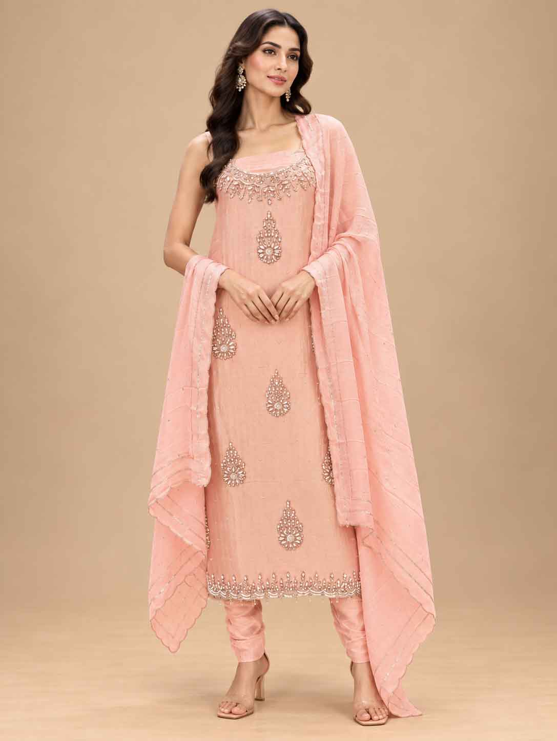 Peach Embroidered Dress Material with Dupatta | Women's Unstitched Ethnic Suit Material