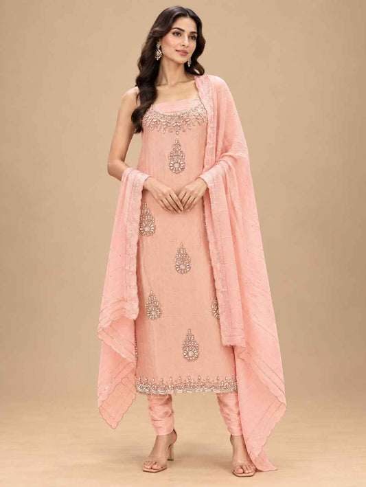 Peach Embroidered Dress Material with Dupatta | Women's Unstitched Ethnic Suit Material
