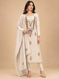 Cream Embroidered Dress Material with Dupatta | Women's Unstitched Ethnic Suit Material