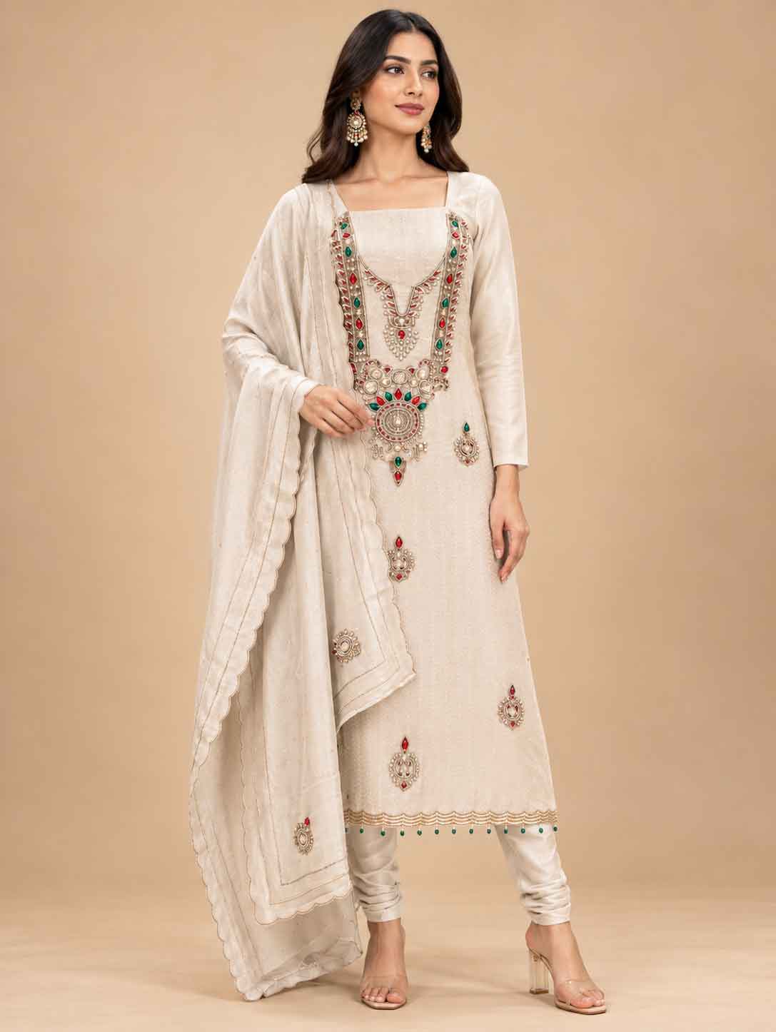 Cream Embroidered Dress Material with Dupatta | Women's Unstitched Ethnic Suit Material
