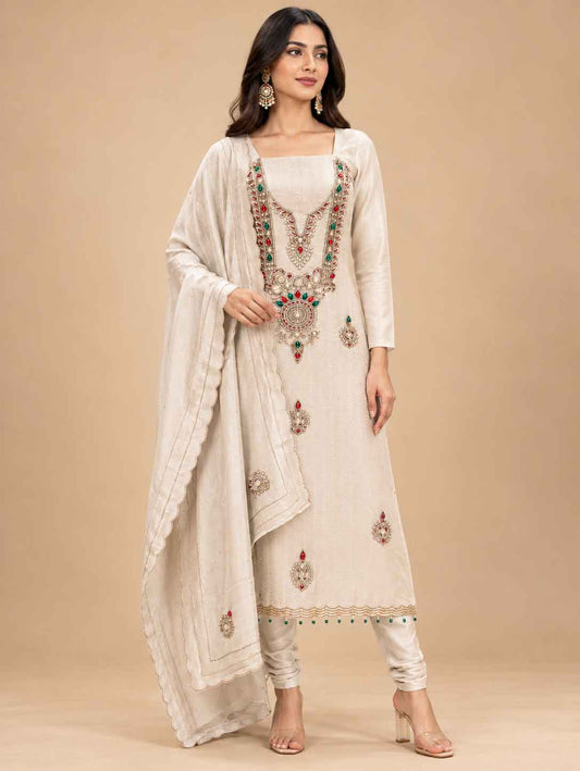 Cream Embroidered Dress Material with Dupatta | Women's Unstitched Ethnic Suit Material