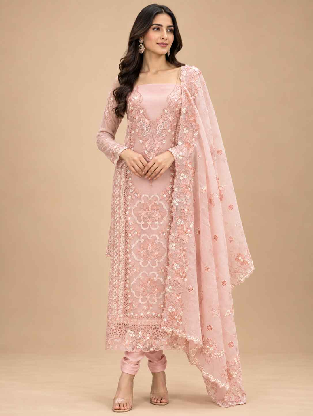Pastel Pink Embroidered Dress Material with Dupatta | Women's Unstitched Ethnic Suit Material