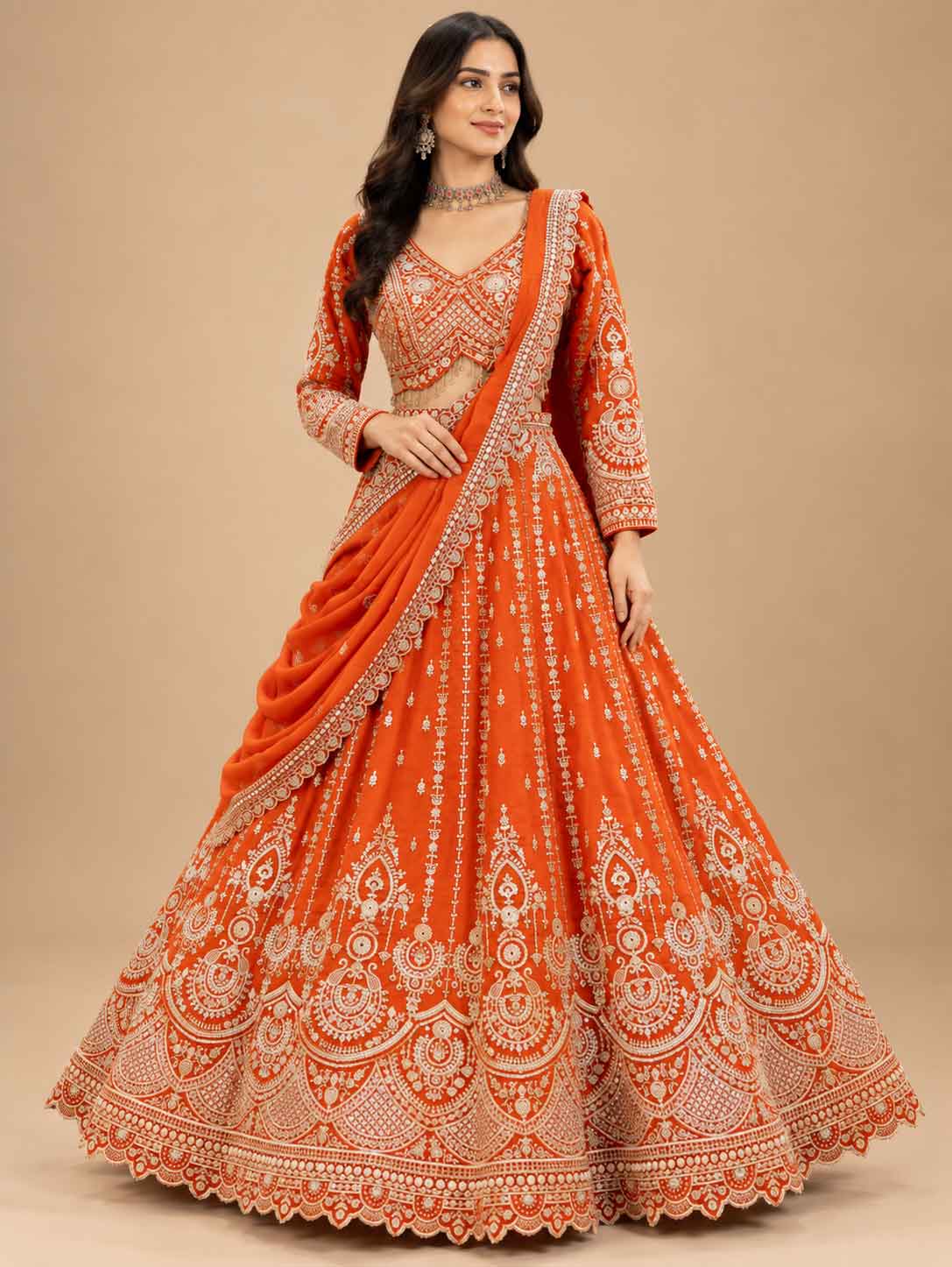 Orange Embroidered Bridal Lehenga Set for Women | Wedding & Festive Wear