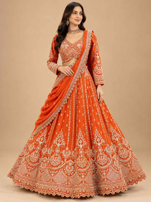 Front view of Orange Embroidered Bridal Lehenga Set for Women | Wedding & Festive Wear