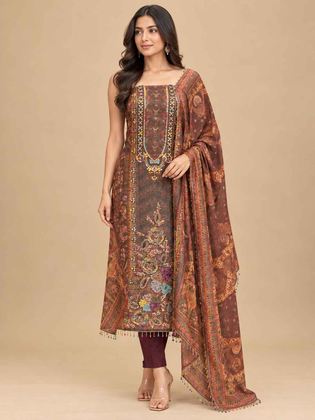 Brown Printed & Embroidered Dress Material with Dupatta | Women's Ethnic Suit Material