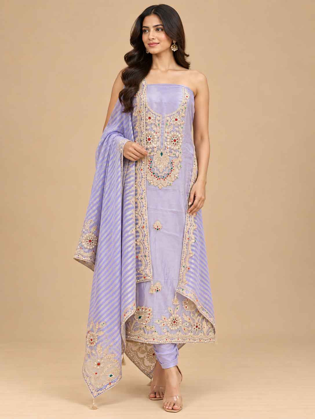 Lavender Embroidered Dress Material with Dupatta | Women's Unstitched Ethnic Suit Material