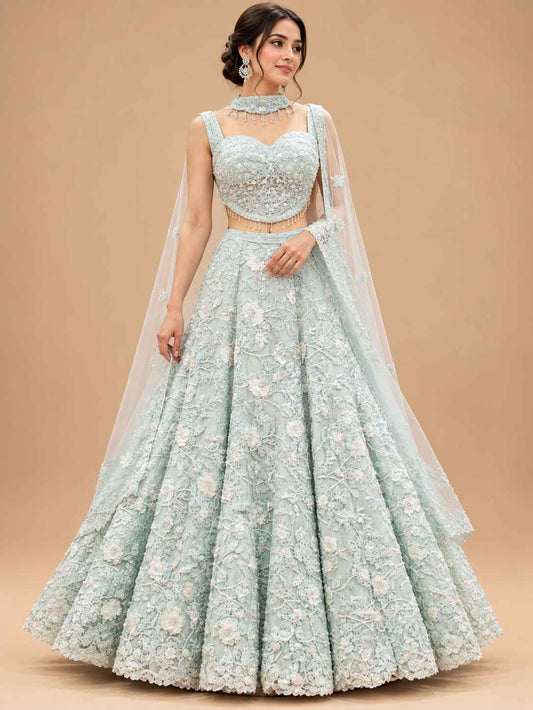 Full product presentation of Ice Blue Embroidered Dress Material with Dupatta