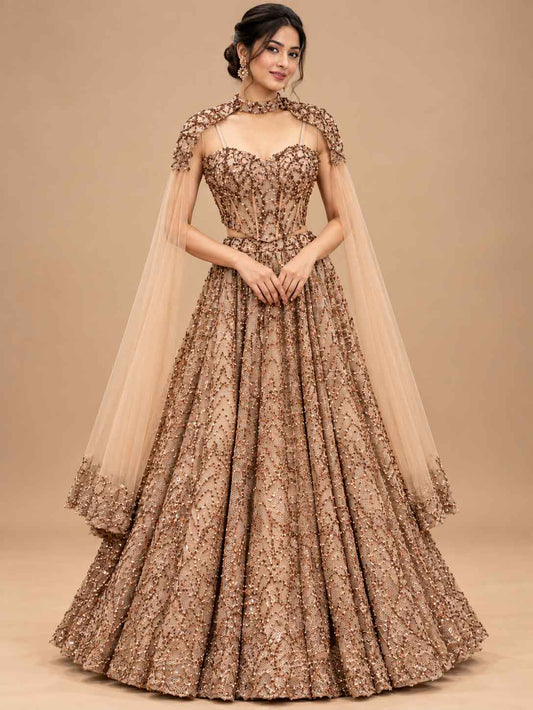 Full product presentation of Champagne Gold Embroidered with Dupatta