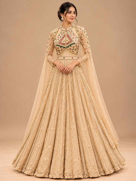 Full product presentation of Champagne Gold Embroidered with Dupatta