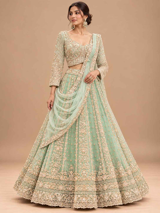 Full product presentation of Mint Green Embroidered Lehenga Set with Dupatta
