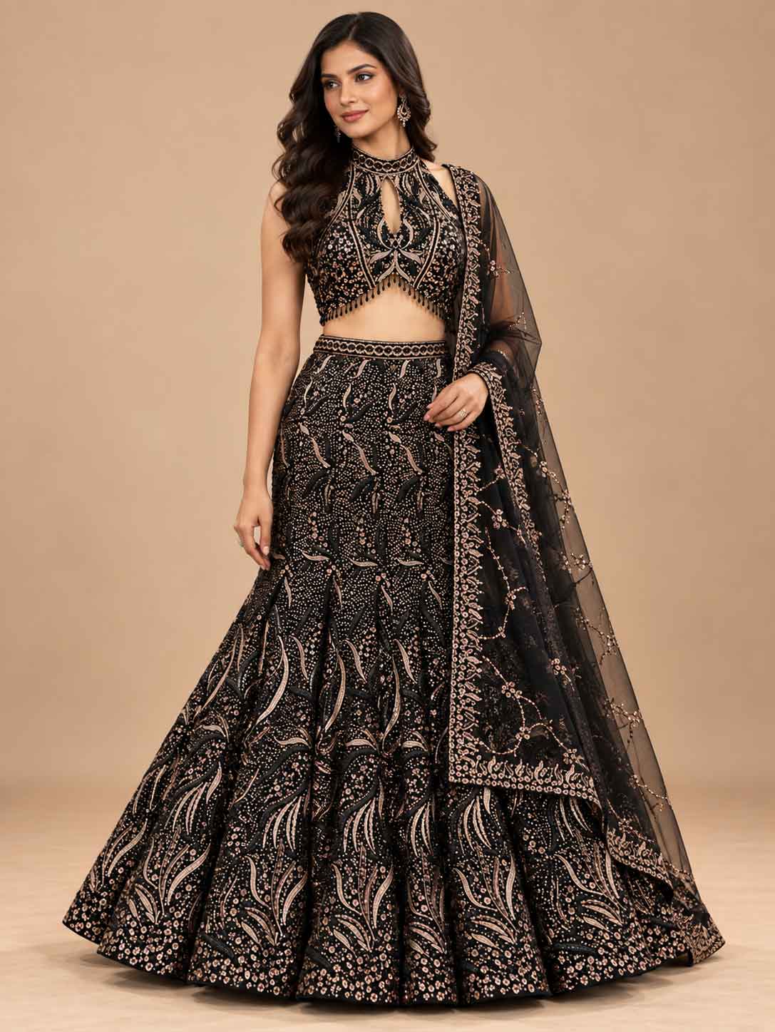 Full product presentation of Black Embroidered Lehenga Set with Dupatta