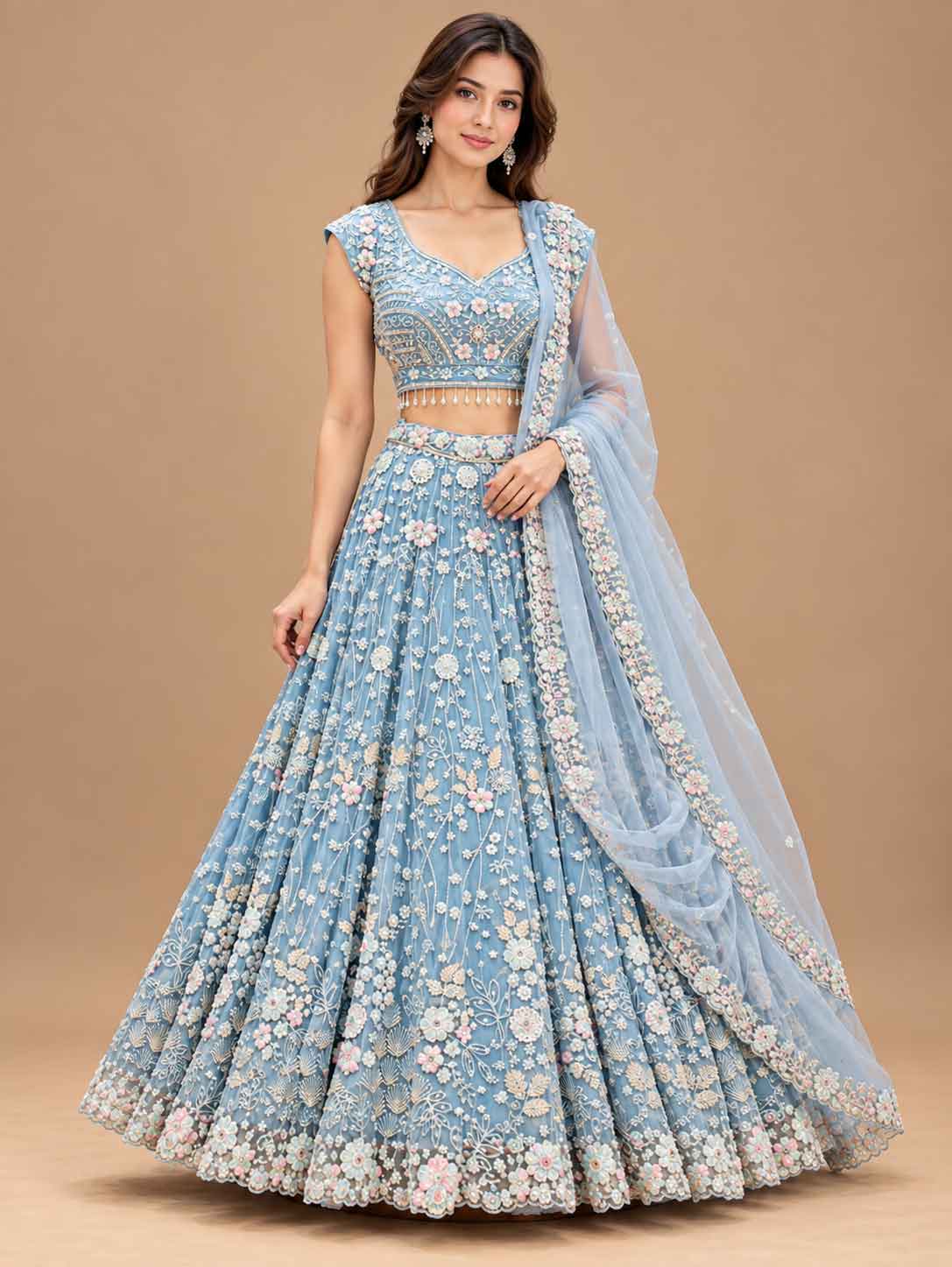 Full product presentation of Powder Blue Embroidered Lehenga Set with Dupatta