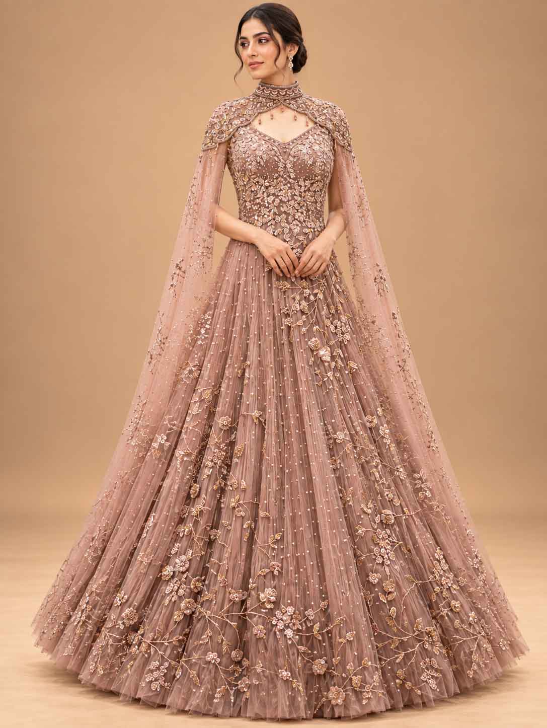 Dusty Rose Embroidered Anarkali Gown with Cape | Designer Indian Occasion Wear