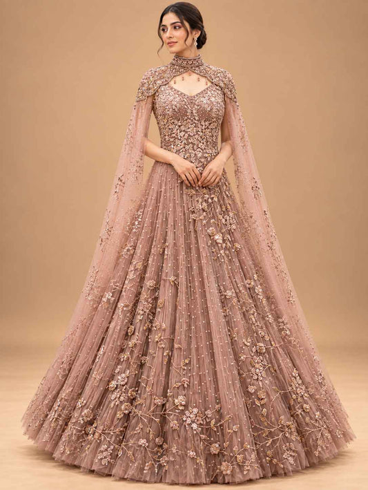 Dusty Rose Embroidered Anarkali Gown with Cape | Designer Indian Occasion Wear