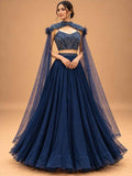 Midnight Navy Blue Embellished Lehenga Set with Sheer Cape | Designer Occasion Wear
