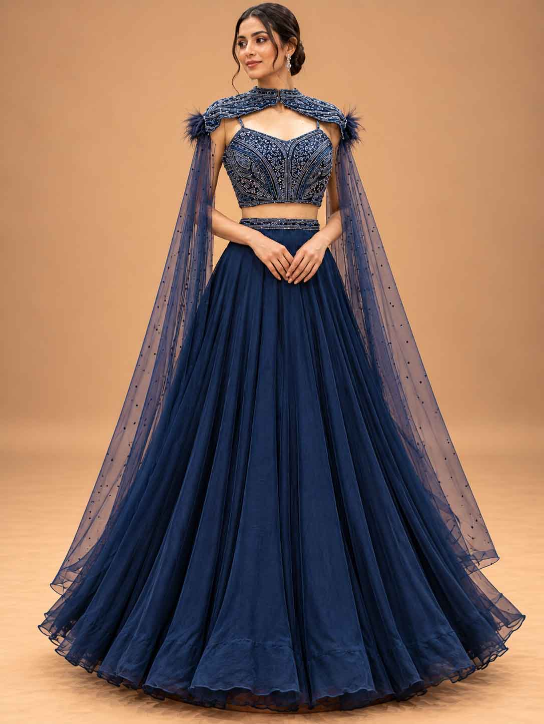 Midnight Navy Blue Embellished Lehenga Set with Sheer Cape | Designer Occasion Wear