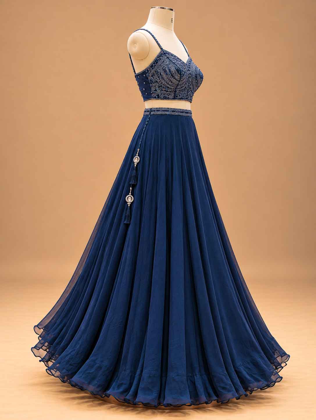 Midnight Navy Blue Embellished Lehenga Set with Sheer Cape | Designer Occasion Wear