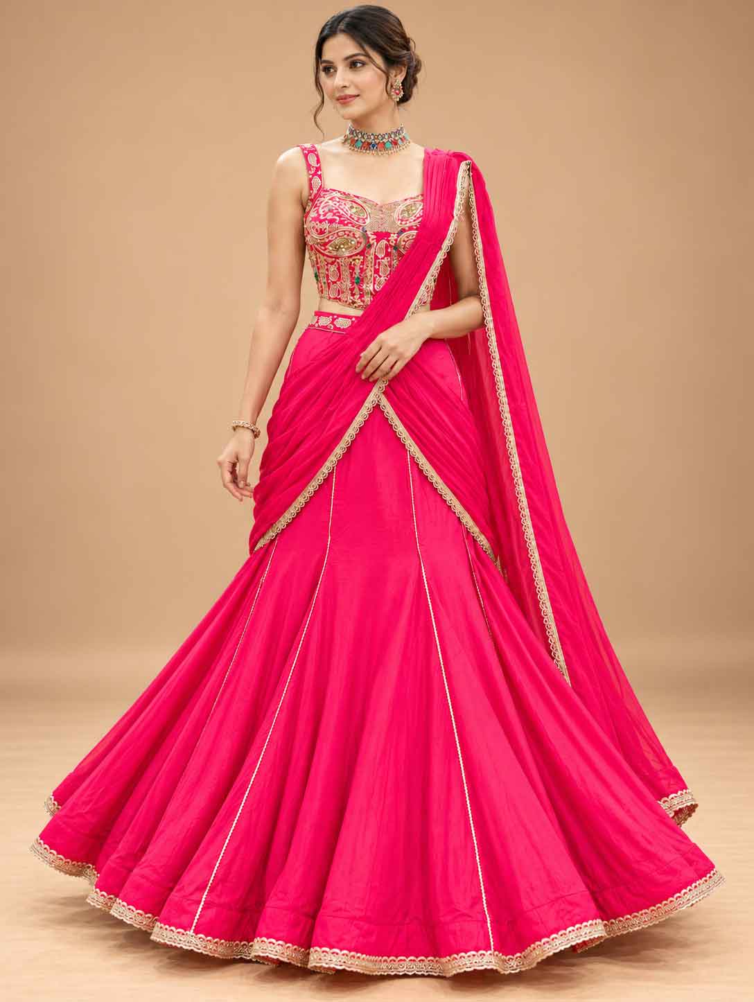 Hot Pink Embroidered Lehenga Set with Draped Dupatta | Designer Festive Wear