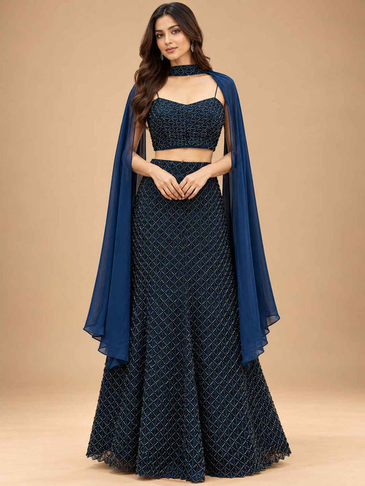 Midnight Blue Embellished Lehenga Set with Dupatta for women – product view 1