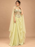 Pastel Yellow Embellished Pre-Draped Saree with Floral Blouse | Designer Occasion Wear