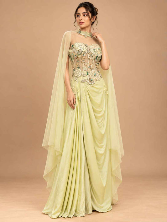 Pastel Yellow Embellished Pre-Draped Saree with Floral Blouse | Designer Occasion Wear