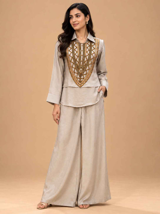 Ivory Embroidered Co-Ord Set with Wide-Leg Trousers for women – product view 1