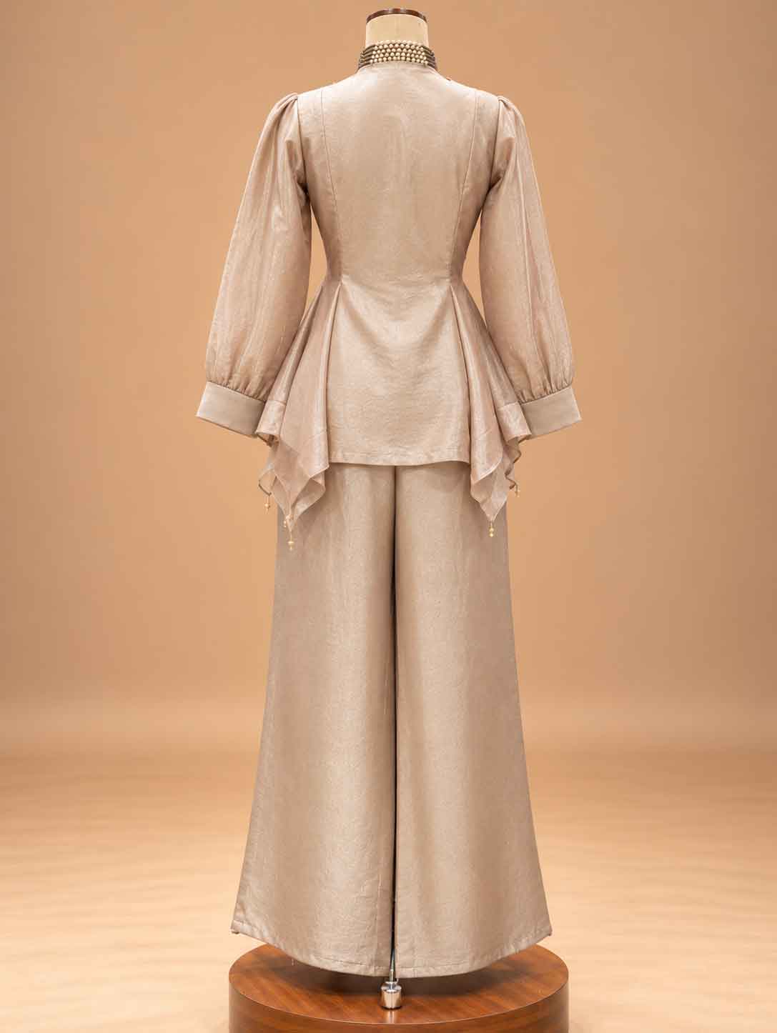 Champagne Embroidered Peplum Co-Ord Set with Wide-Leg Trousers | Women's Ethnic Wear