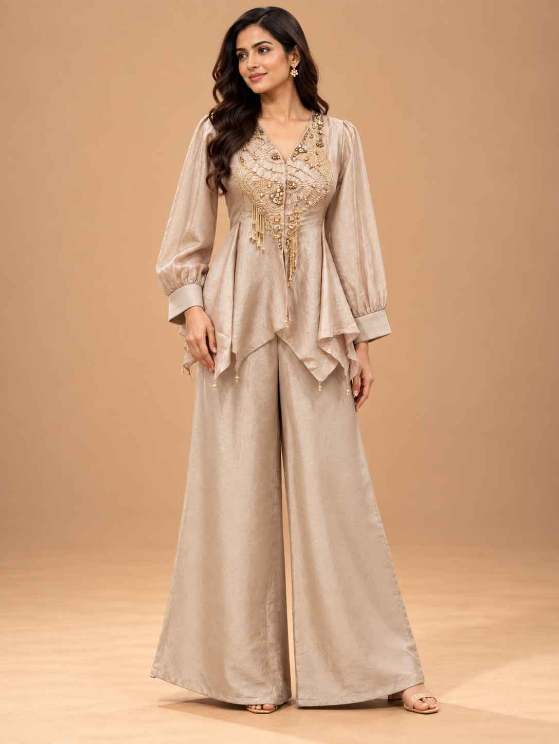 Champagne Embroidered Peplum Co-Ord Set with Wide-Leg Trousers | Women's Ethnic Wear