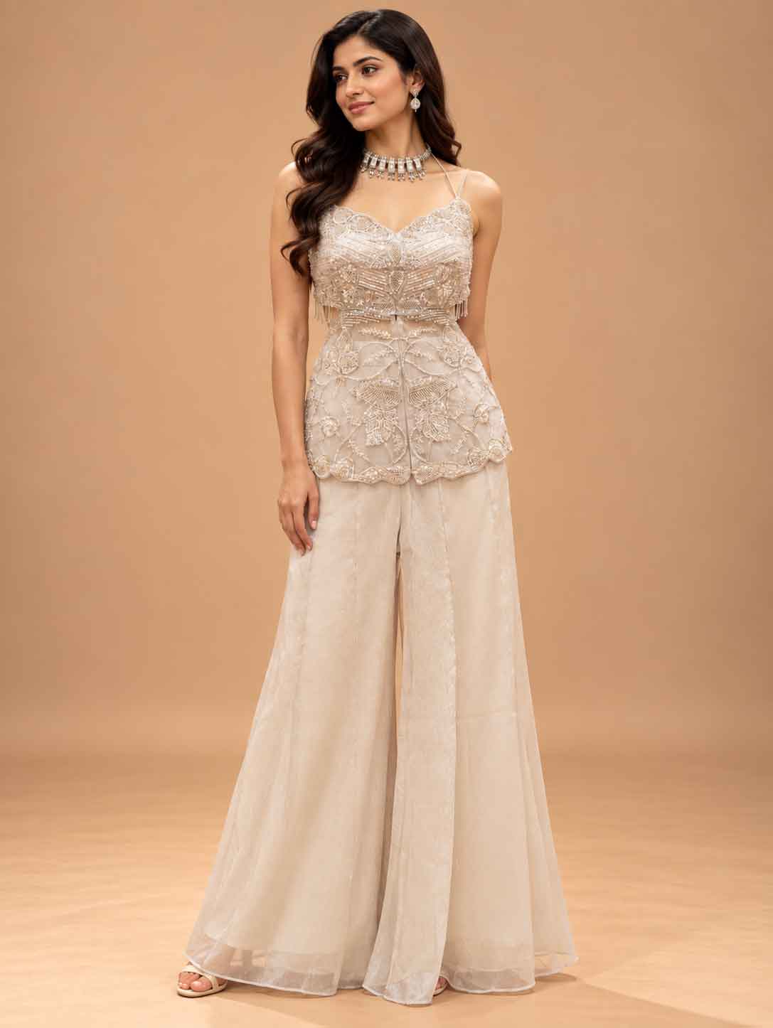 Ivory Embellished Peplum Top with Wide-Leg Palazzo Pants | Women's Occasion Wear