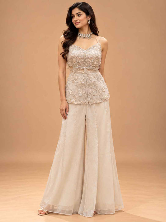 Ivory Embellished Peplum Top with Wide-Leg Palazzo Pants for women – product view 1