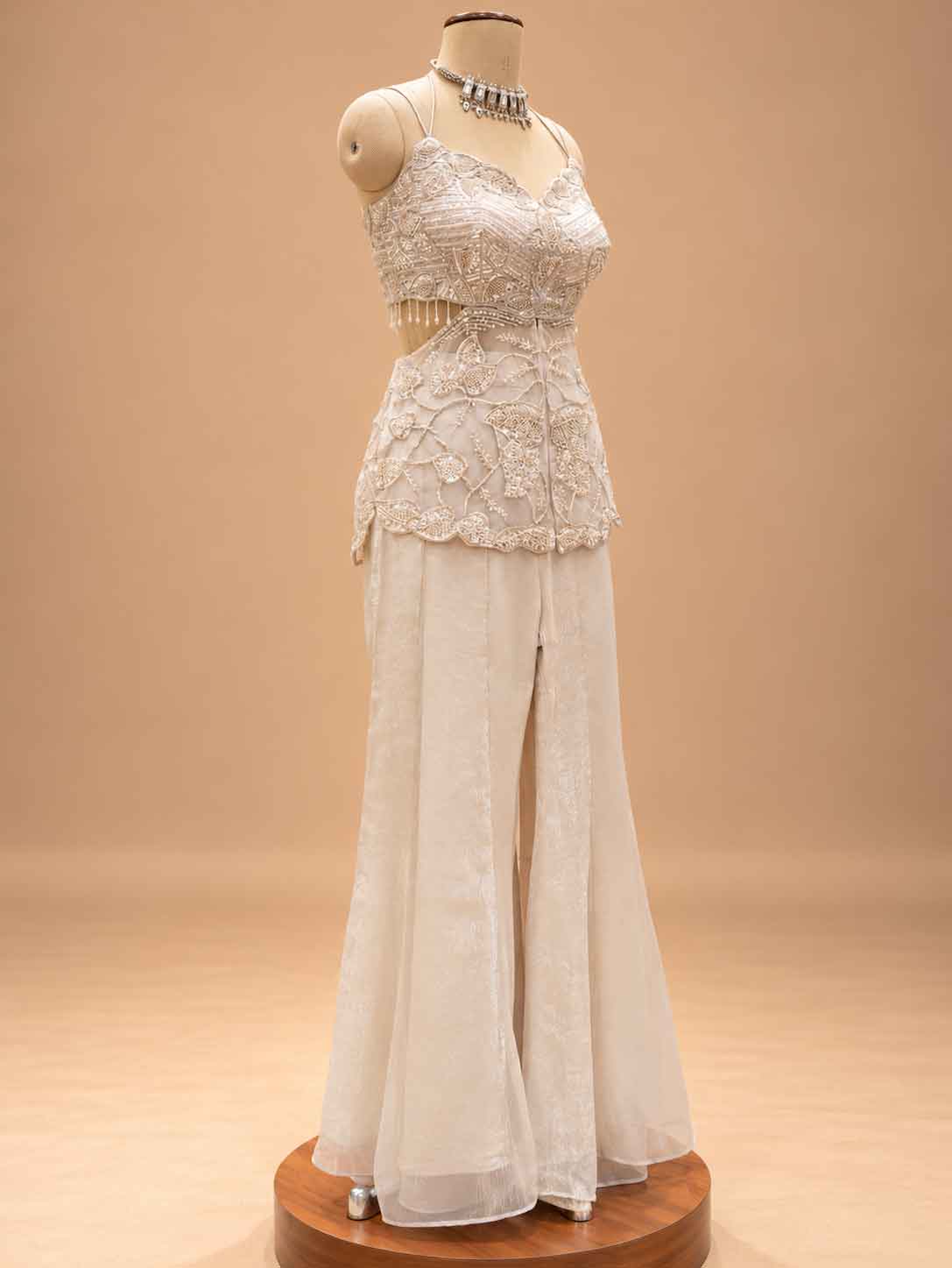Ivory Embellished Peplum Top with Wide-Leg Palazzo Pants | Women's Occasion Wear
