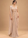 Champagne Beige Embroidered Pre-Draped Saree with Floral Detailing | Designer Occasion Wear