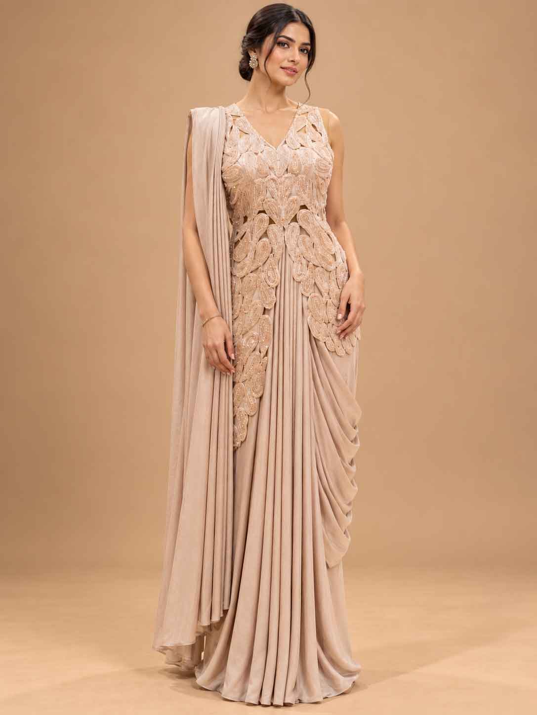 Champagne Beige Embroidered Pre-Draped Saree with Floral Detailing | Designer Occasion Wear