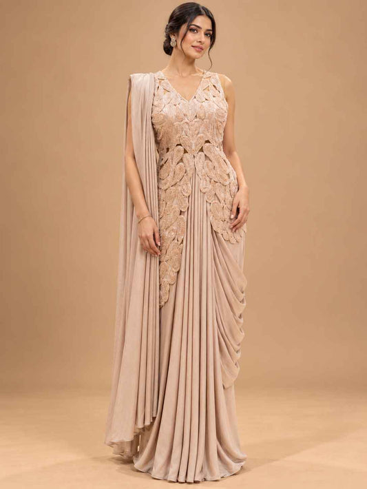 Champagne Beige Embroidered Pre-Draped Saree with Floral Detailing | Designer Occasion Wear
