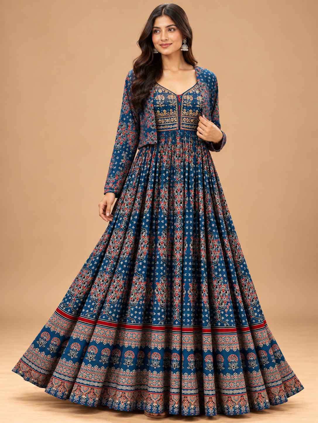 Deep Blue Printed Anarkali Dress with Traditional Floral Pattern | Women's Ethnic Wear