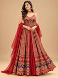 Red Printed Anarkali Dress with Sheer Dupatta | Women's Festive Ethnic Wear