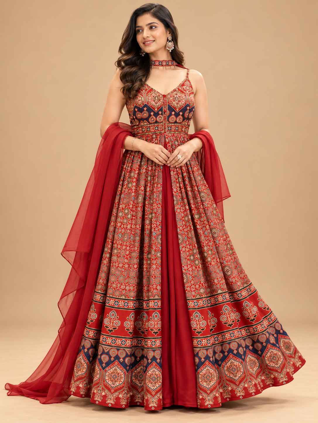 Red Printed Anarkali Dress with Sheer Dupatta | Women's Festive Ethnic Wear