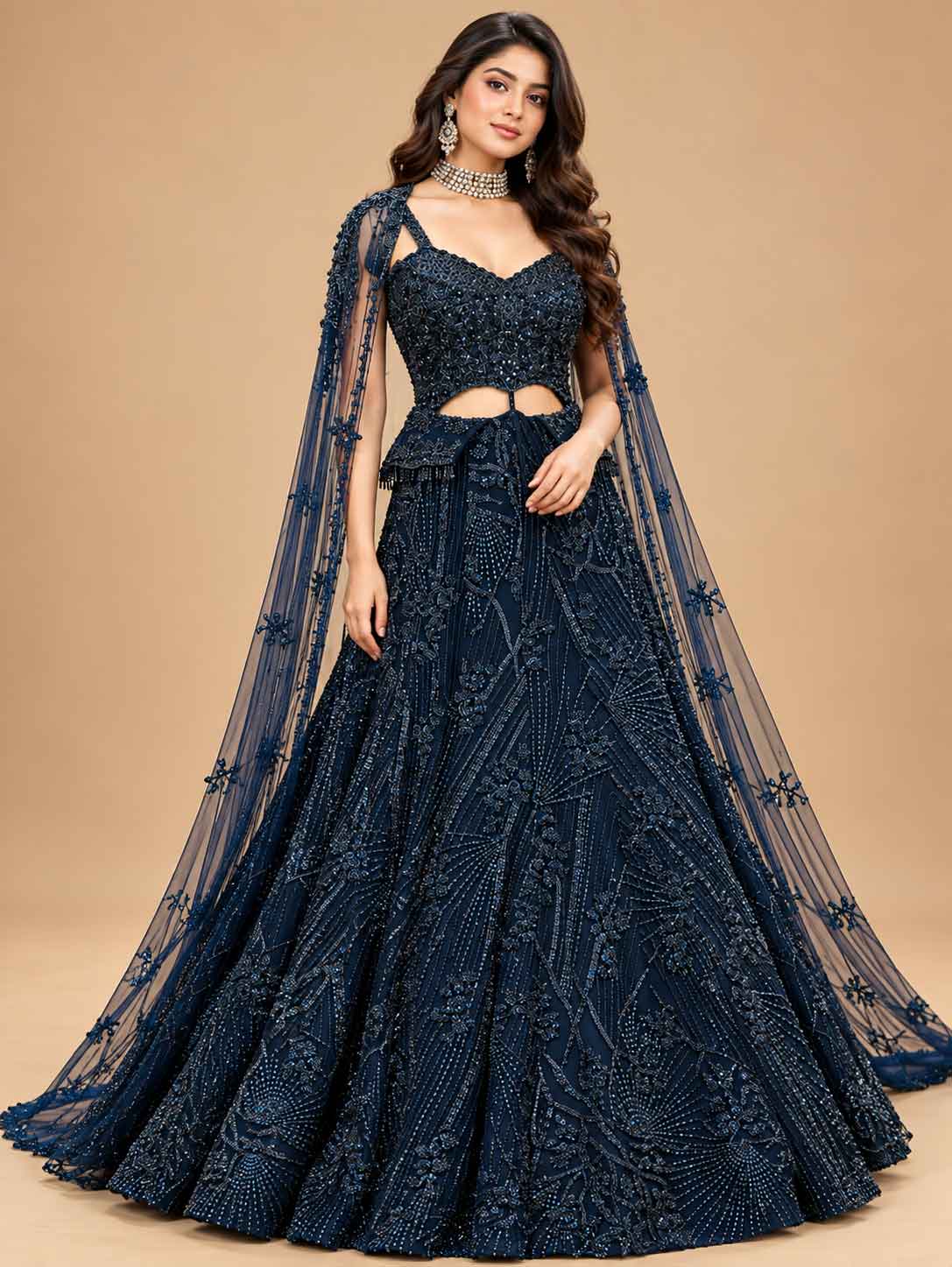 Midnight Navy Blue Embellished Lehenga Set with Sheer Dupatta | Women's Wedding Wear