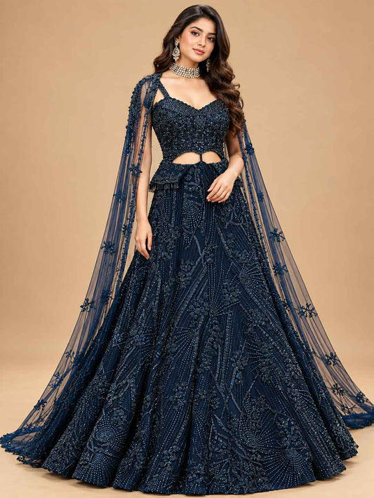 Midnight Navy Blue Embellished Lehenga Set with Sheer Dupatta for women – product view 1