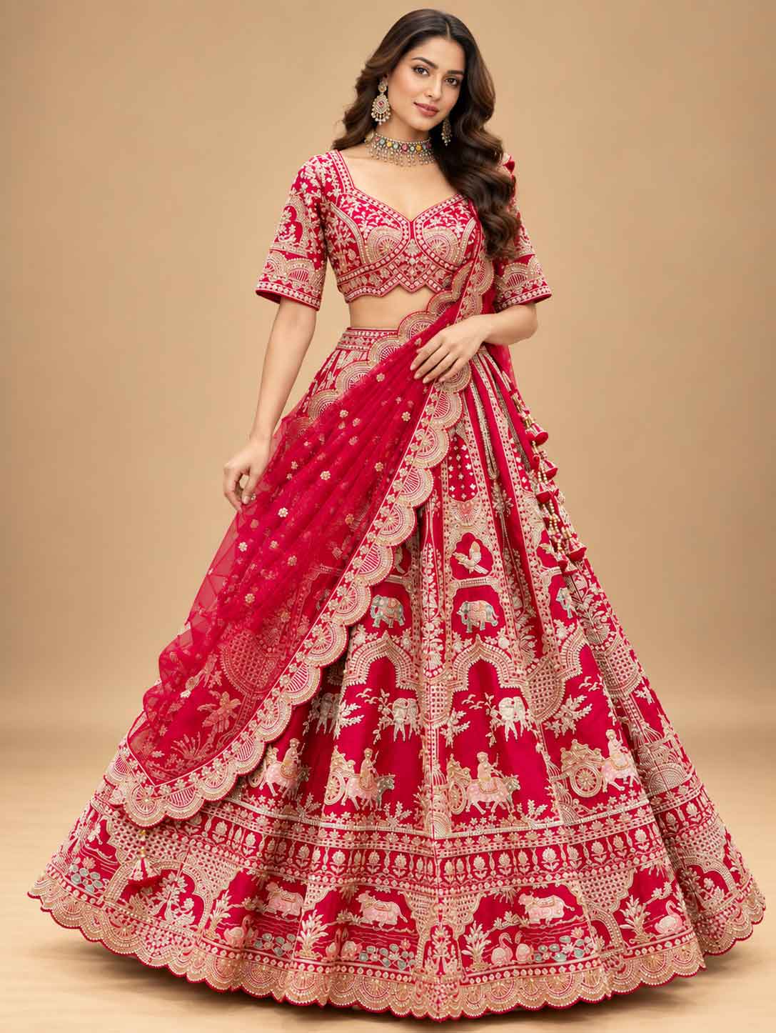 Red & Ivory Embroidered Lehenga Set with Dupatta | Women's Bridal & Wedding Wear