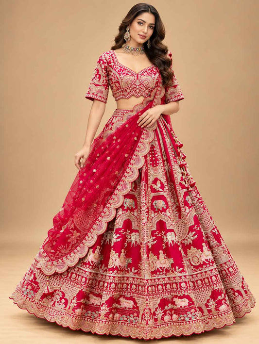 Red & Ivory Embroidered Lehenga Set with Dupatta for women – product view 1