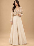 Ivory Embroidered Crop Top with Jacket & Wide-Leg Palazzo Set | Women's Ethnic Wear