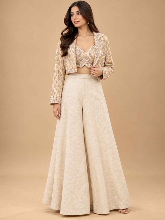 Ivory Embroidered Crop Top with Jacket & Wide-Leg Palazzo Set for women – product view 1