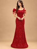 Red Embellished Mermaid Gown with Beaded Off-Shoulder Detailing | Women's Party Wear