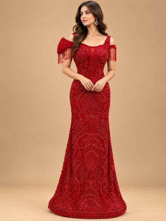 Red Embellished Mermaid Gown with Beaded Off-Shoulder Detailing for women – product view 1